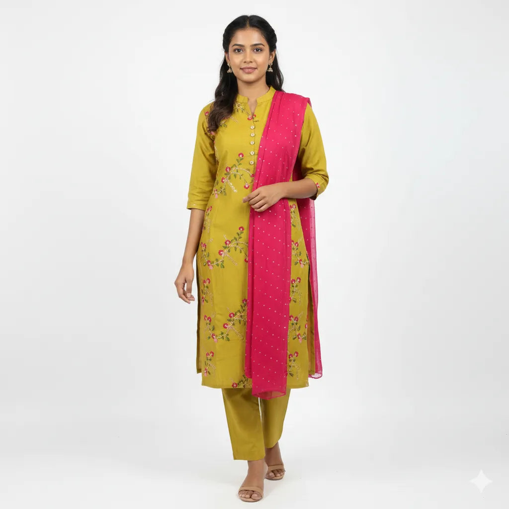 Mustard Spun Cotton Straight Kurti Set with Dupatta
