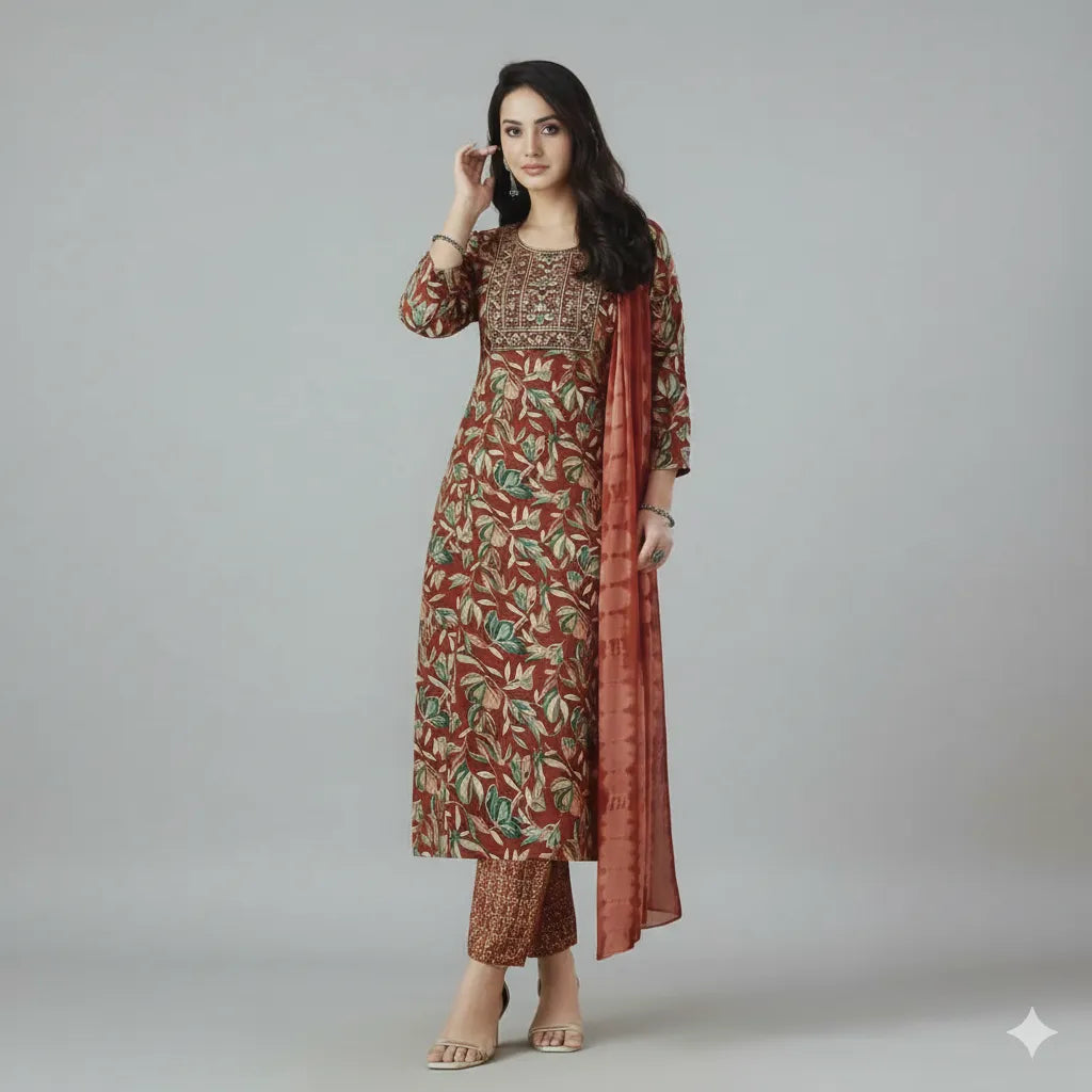 Traditional Printed Kurti Pant Set with Matching Dupatta
