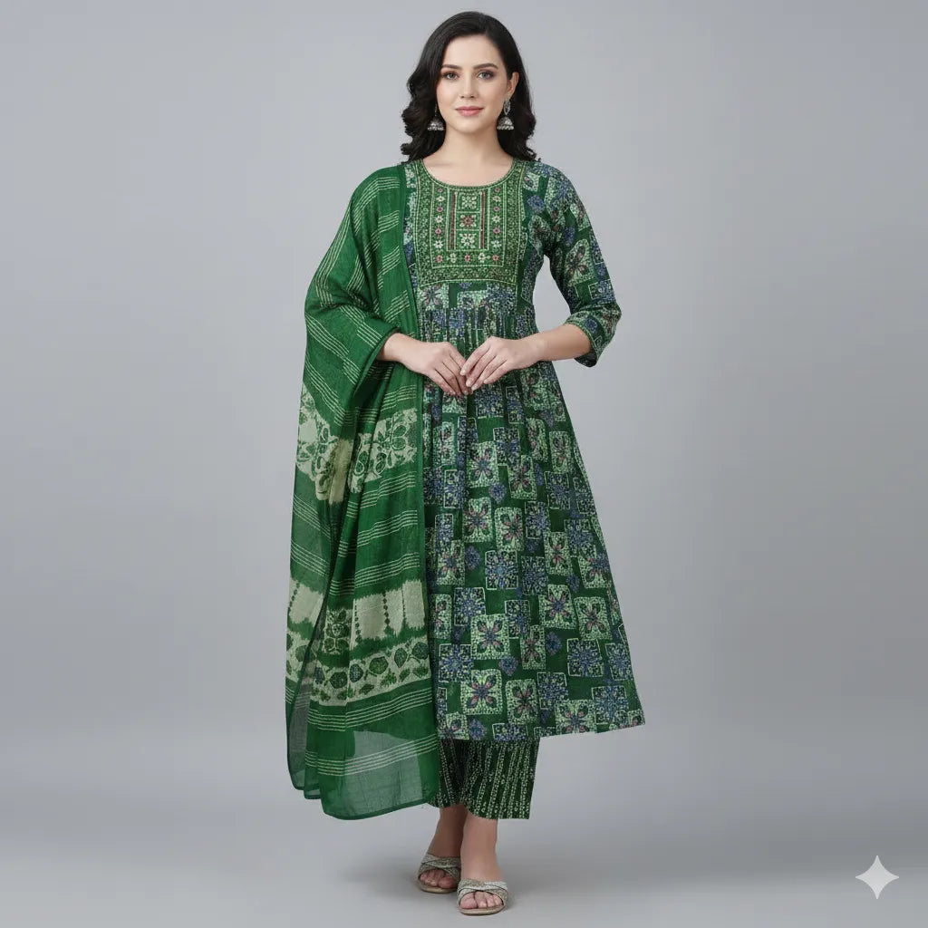 Women’s Cotton Blend Kurti Set with Dupatta