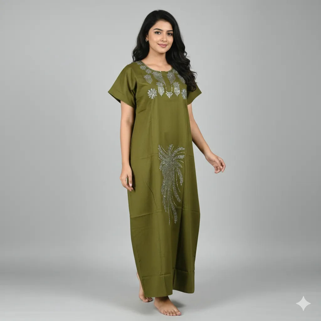 Stylish Stone Work Printed Cotton Nighty