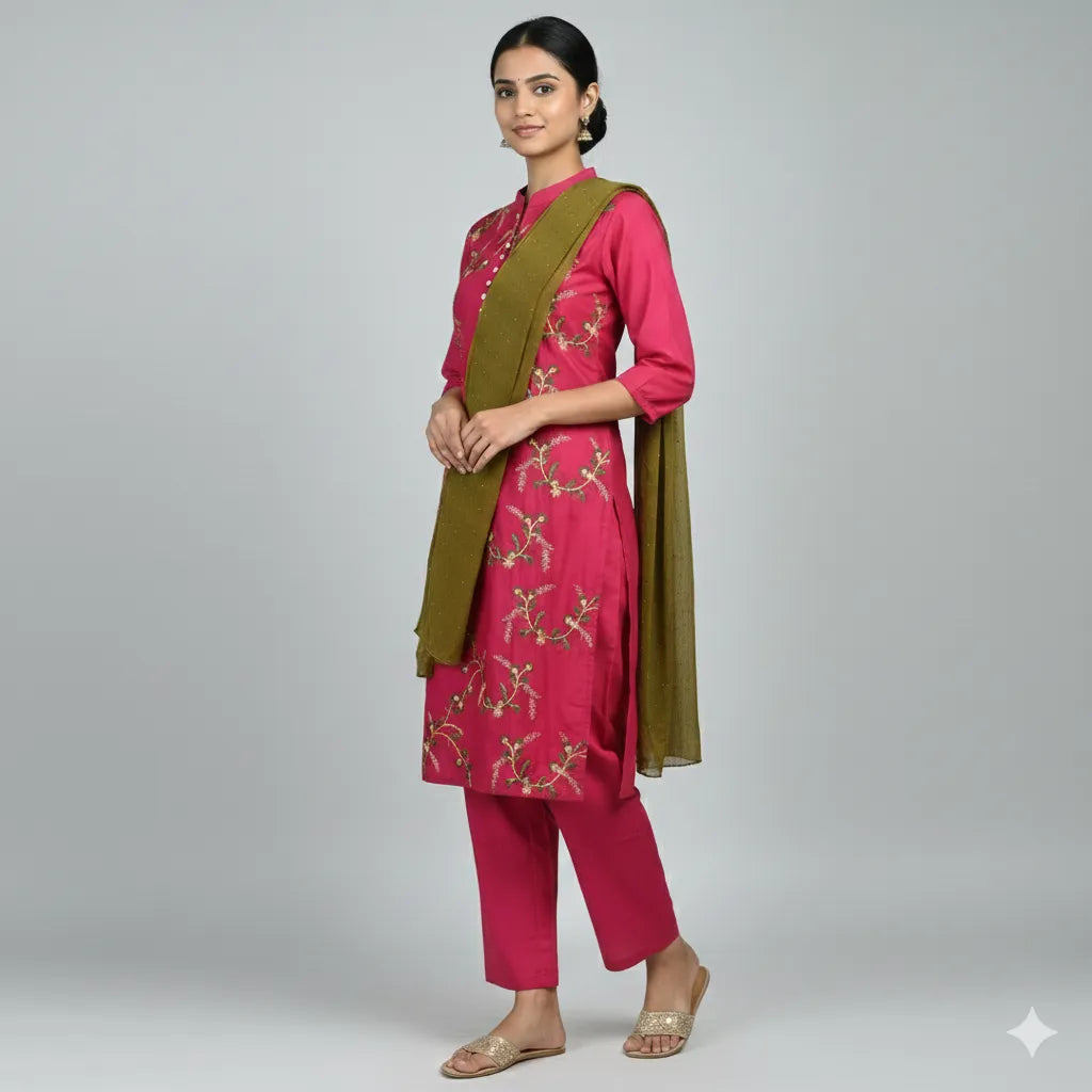 Daily Wear Spun Cotton Kurti Set with Pink Dupatta