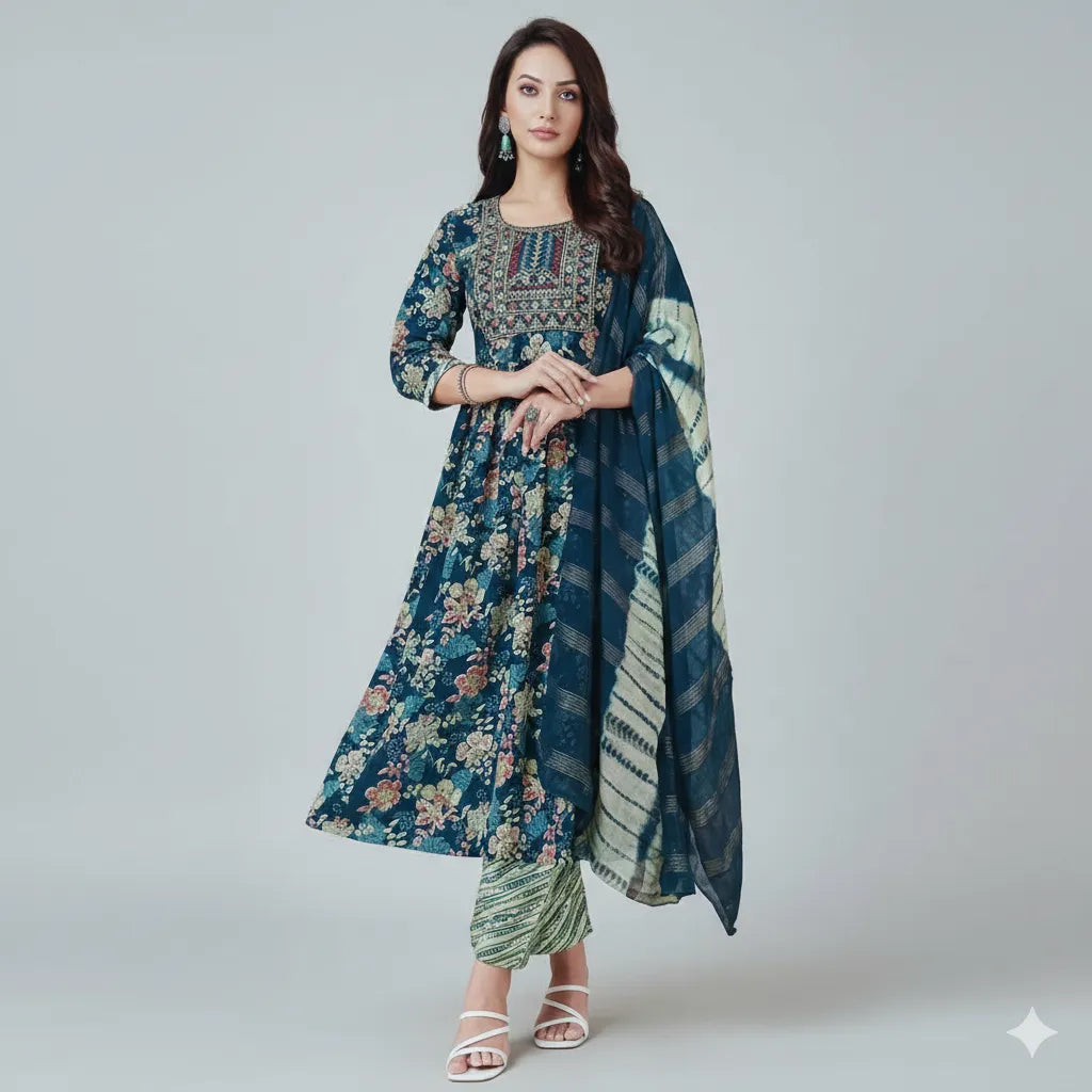 Anarkali Style Kurti Set with Pant and Dupatta