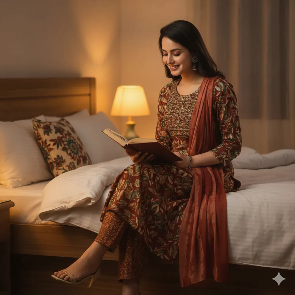 Traditional Printed Kurti Pant Set with Matching Dupatta