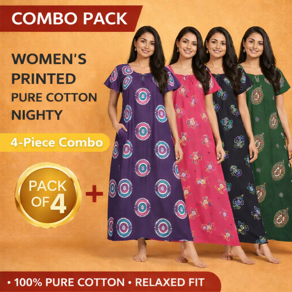 Premium Elastic Cotton Nighty 4 Pack