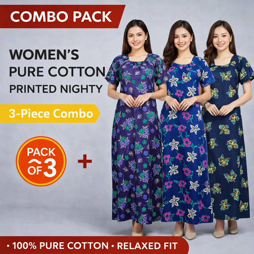 Women Elastic Fit Cotton Nighty 3 Pack